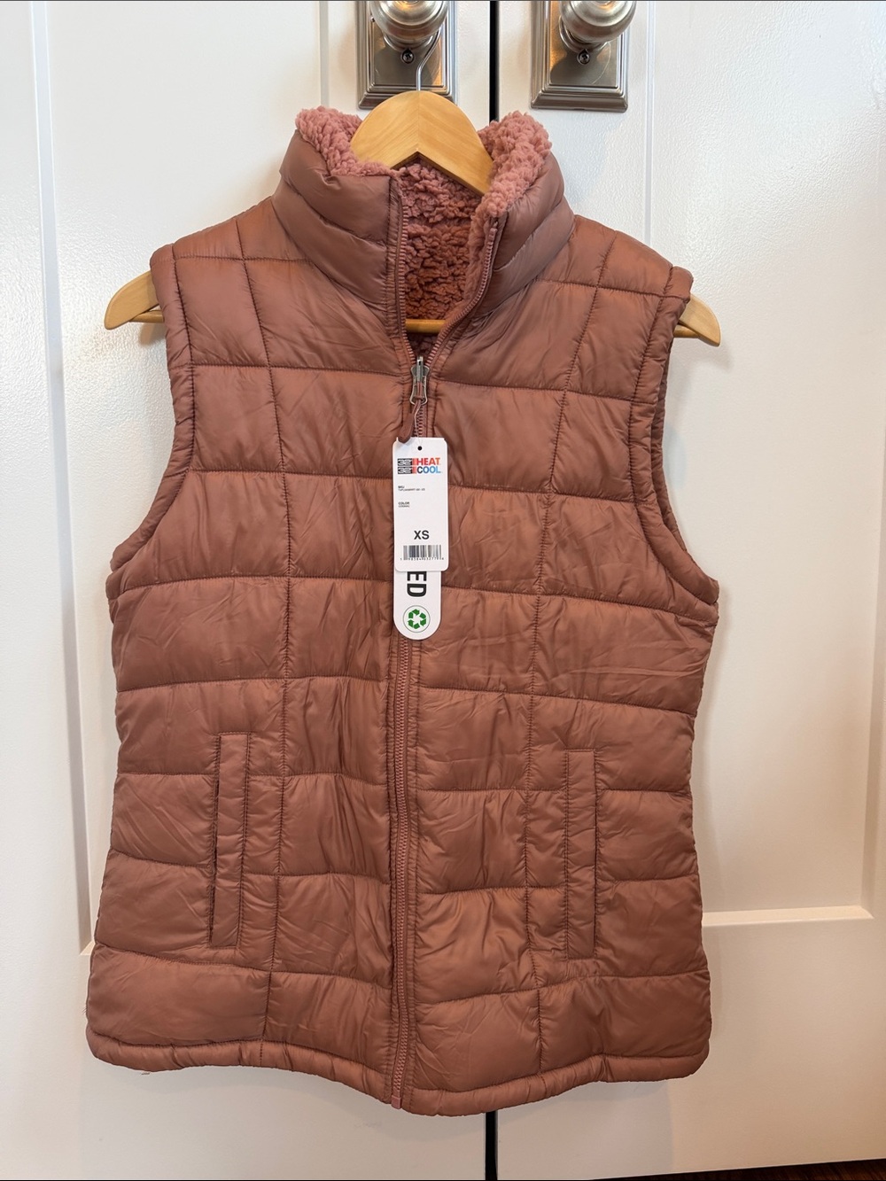 32 Degrees Heat Reversible Sherpa Puffer Vest Cognac XS NWT